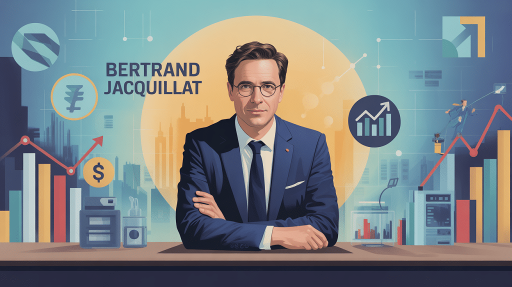 Portrait de Bertrand Jacquillat dans univers financier stylisé