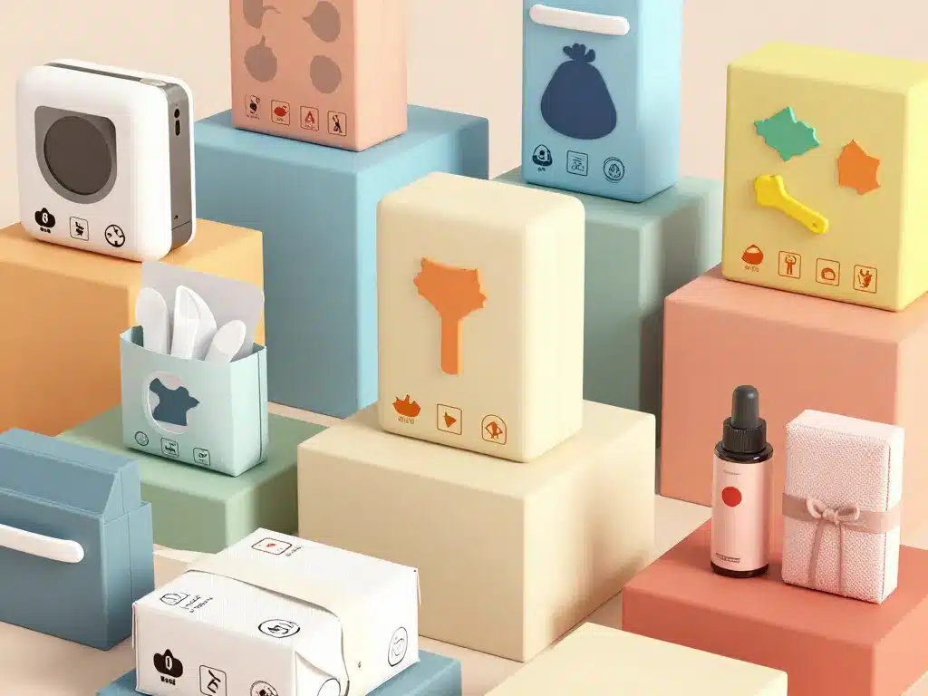 Scène produits made in China avec China export logo et pictogrammes