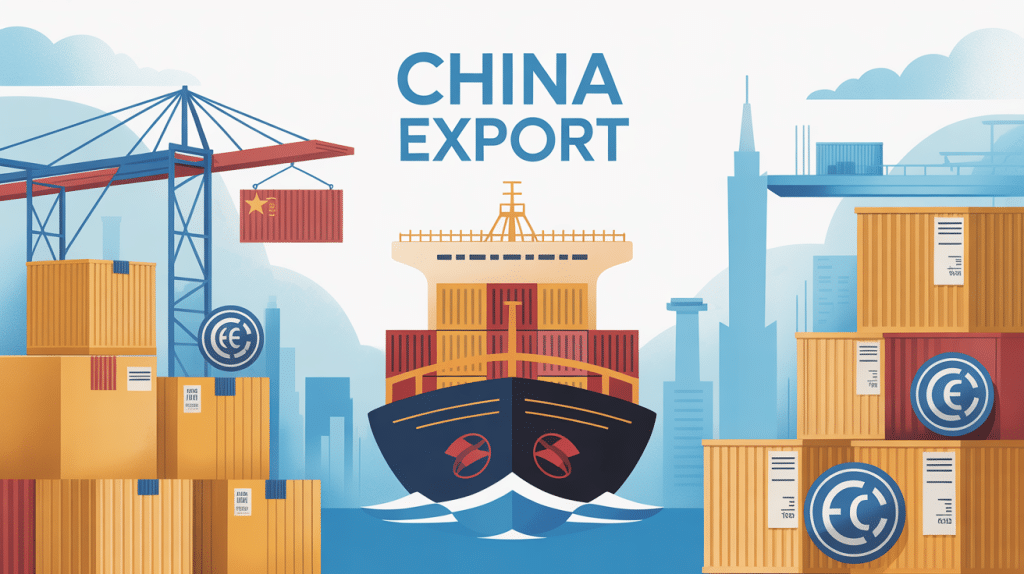Illustration vectorielle China export logo sur colis avec logos de conformité