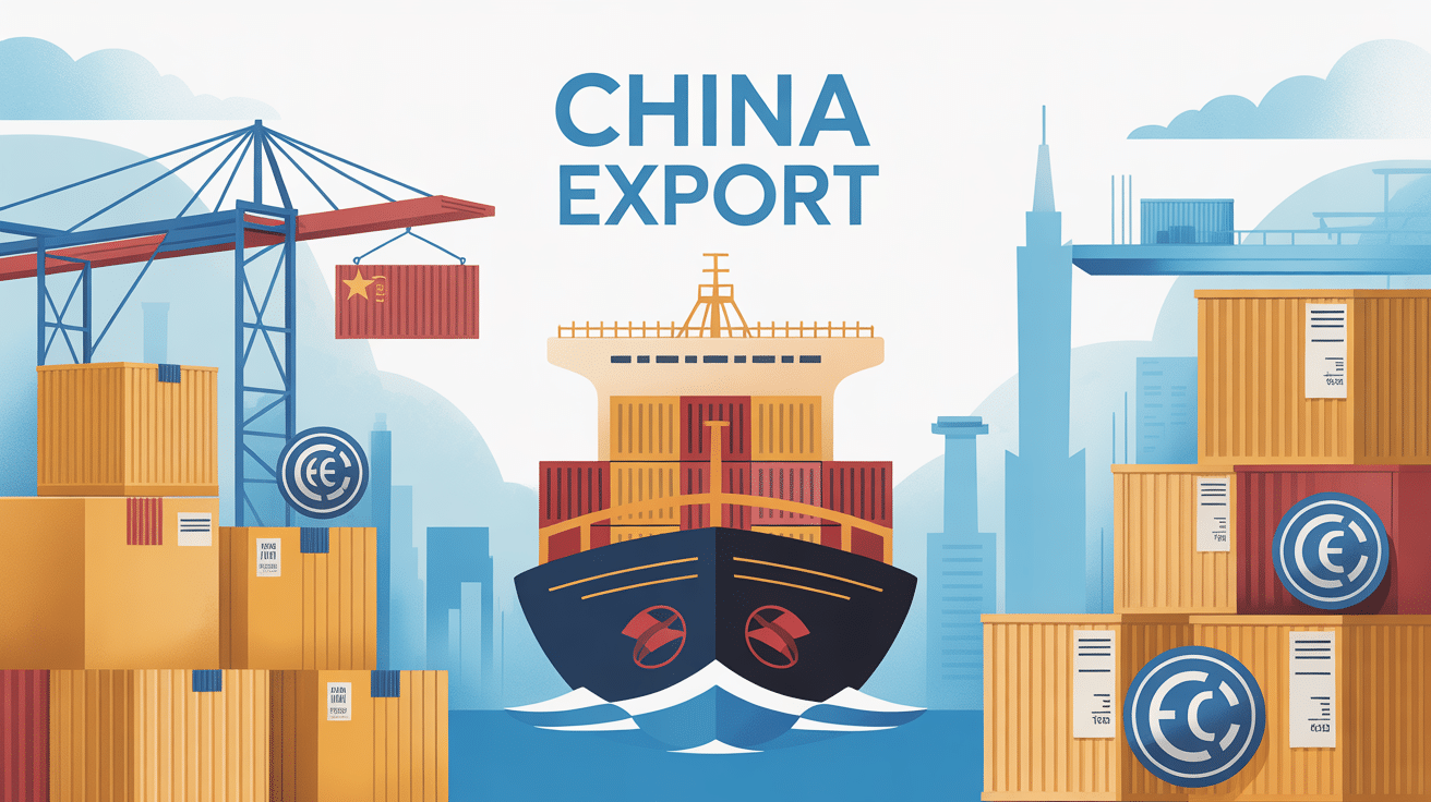 Illustration vectorielle China export logo sur colis avec logos de conformité