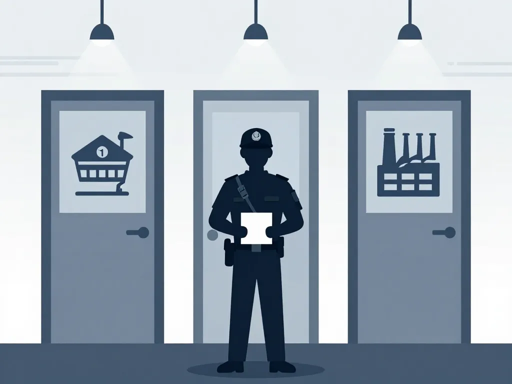 Silhouette agent de sécurité devant portes, lettre en main