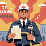 Illustration sapeur-pompier volontaire tenant lettre de motivation devant caserne