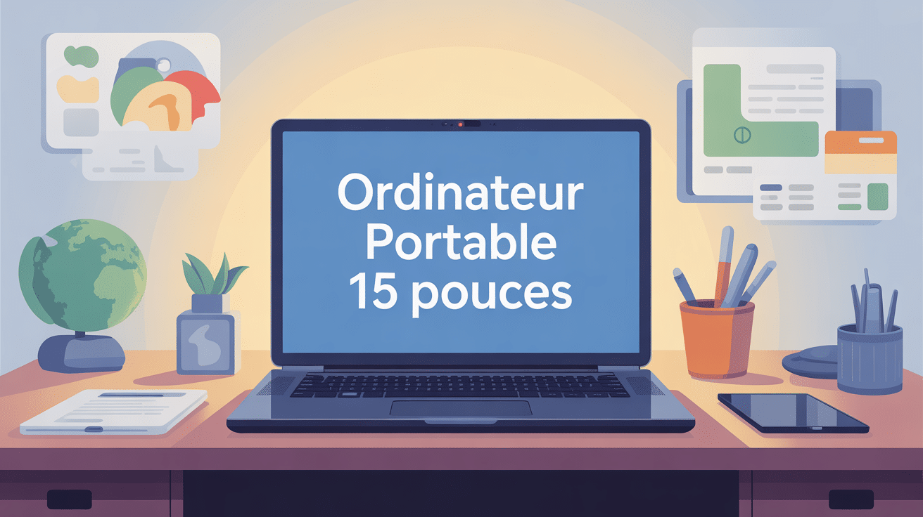 ordinateur portable taille 15 pouces illustré sur bureau