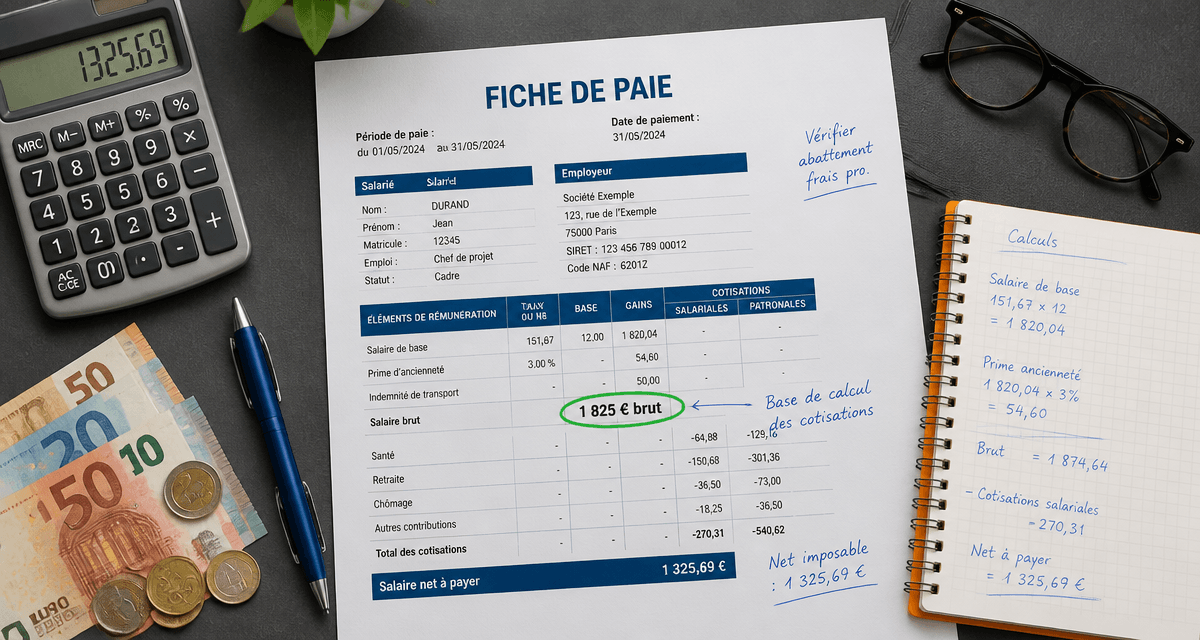 1825 brut en net sur fiche de paie