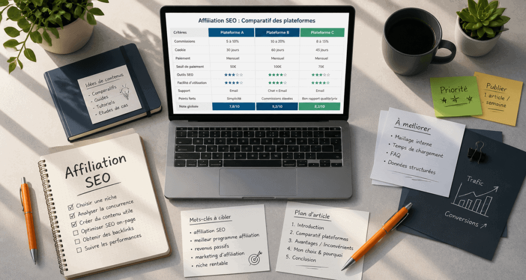 Affiliation SEO, bureau moderne avec ordinateur et carnet