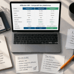 Affiliation SEO, bureau moderne avec ordinateur et carnet