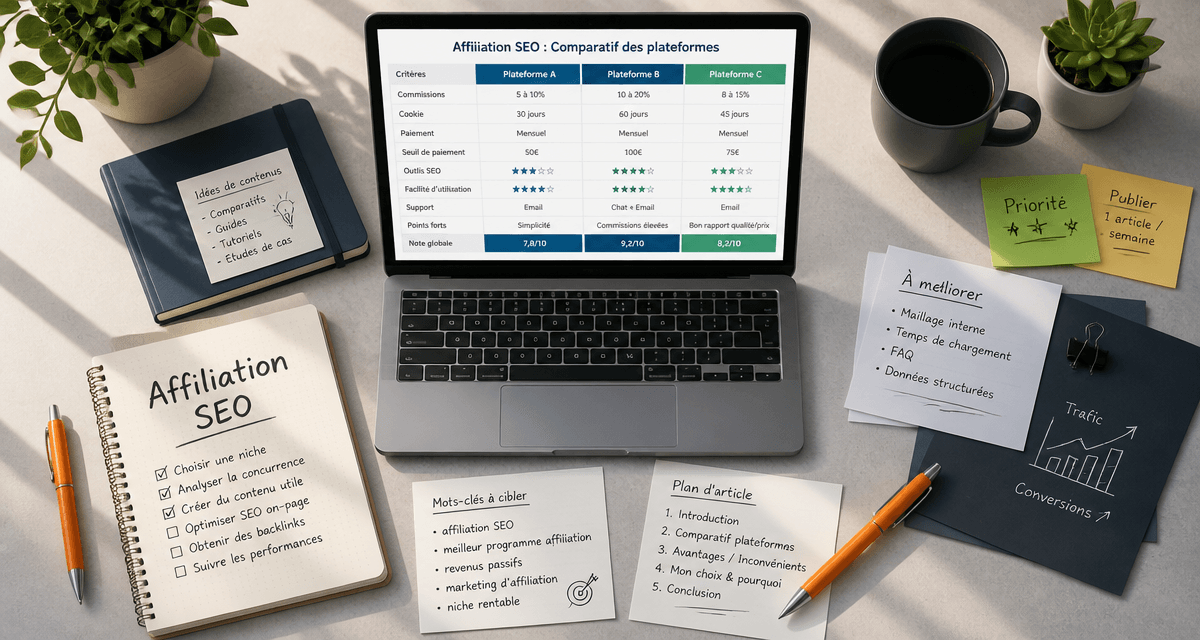 Affiliation SEO, bureau moderne avec ordinateur et carnet