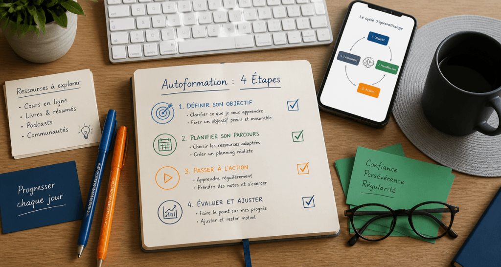 Bureau avec checklist autoformation 4 étapes