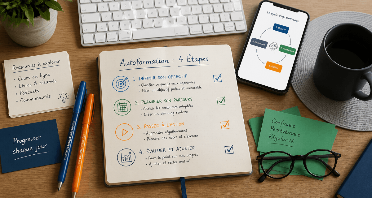 Bureau avec checklist autoformation 4 étapes