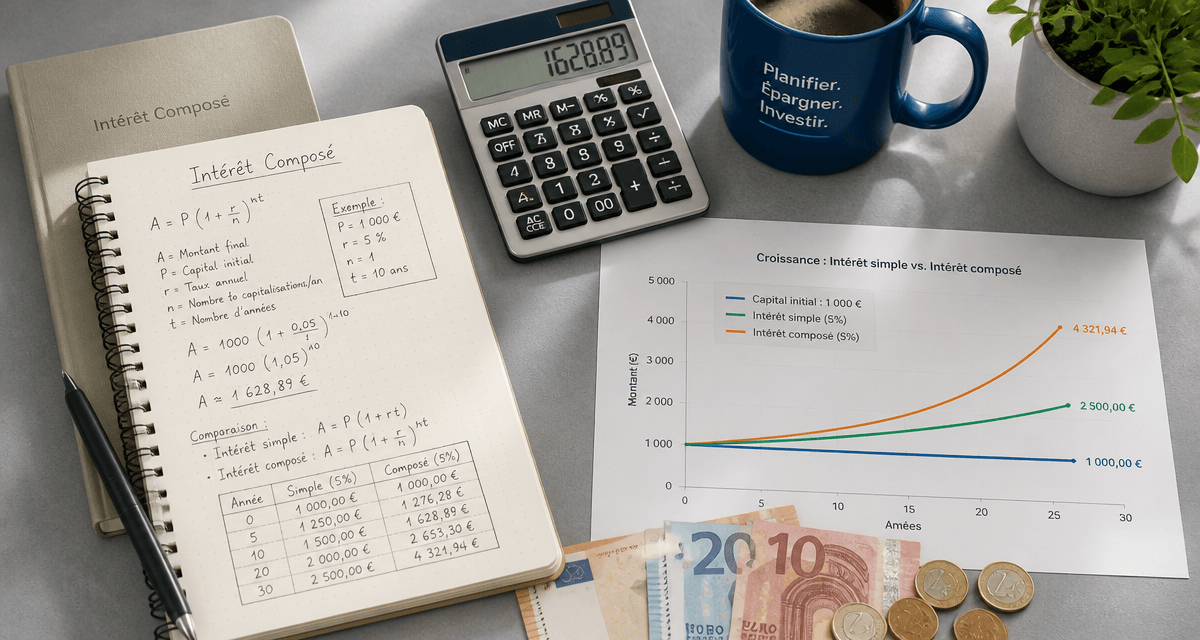 calcul intérêt composé sur bureau avec calculatrice et graphique