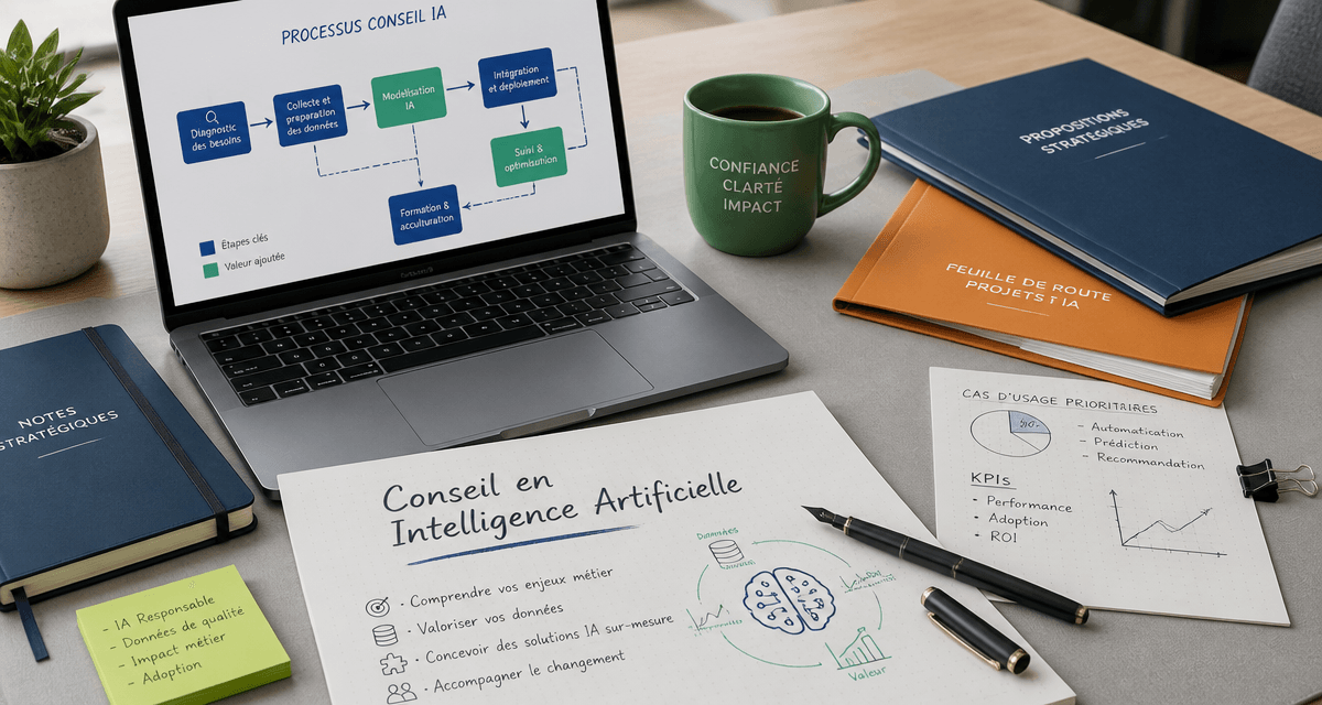 conseil en intelligence artificielle, bureau avec schéma data