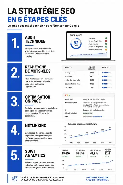Infographie des étapes clés d'une formation SEO débutant pour optimiser son site web