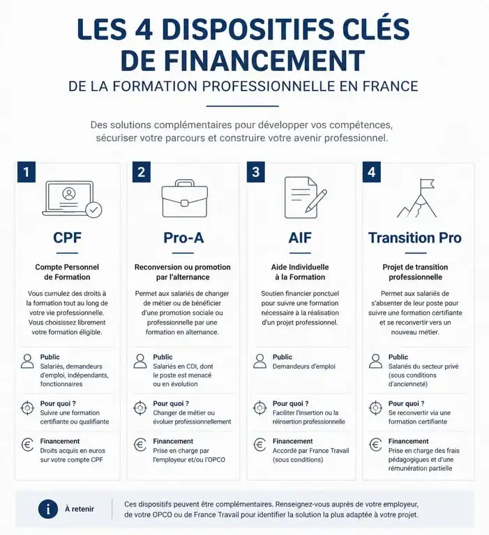 Infographie des dispositifs de financement pour la formation formateur adulte