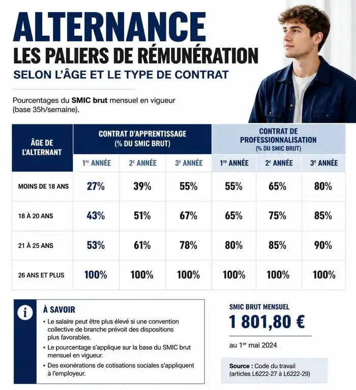 Infographie des salaires en alternance sans bac selon l'âge et le contrat