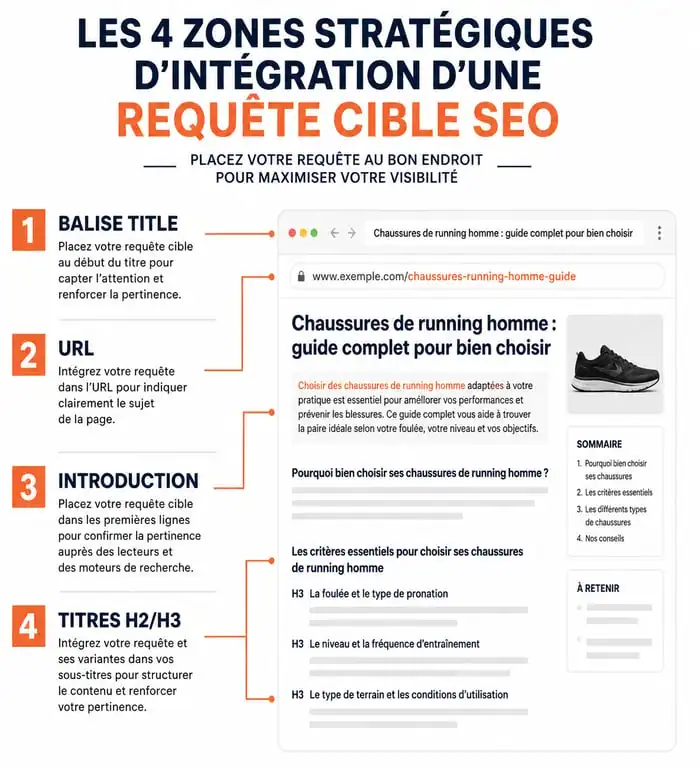Schéma des 4 zones d'intégration d'une requête cible SEO sur une page web