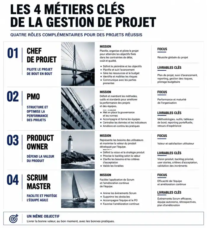 Infographie comparative des métiers de la gestion de projet : Chef de projet, PMO, Product Owner et Scrum Master