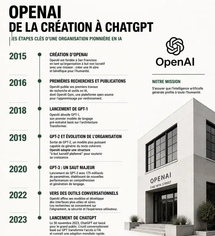 Frise chronologique de l'histoire d'OpenAI et de la création de ChatGPT