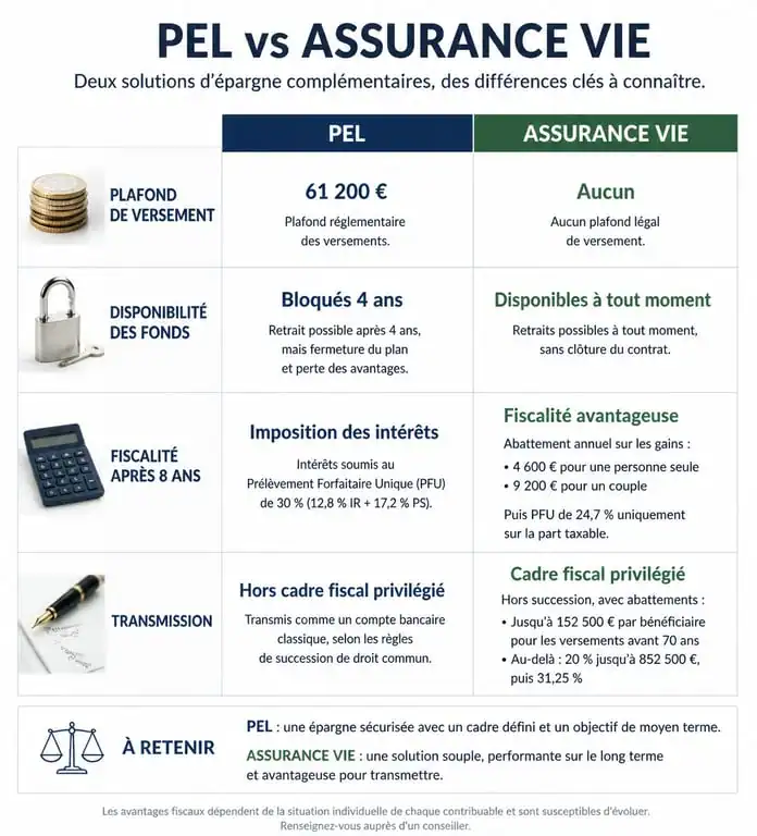 Comparatif PEL vs Assurance Vie : tableau des différences clés pour choisir son placement financier