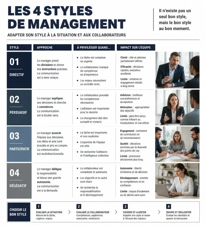 Infographie des styles de management pour préparer la question qu'attendez vous de votre manager en entretien