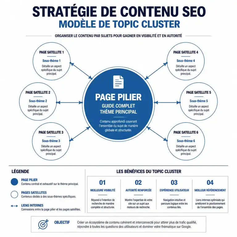 Schéma d'une stratégie éditoriale SEO basée sur le modèle du topic cluster