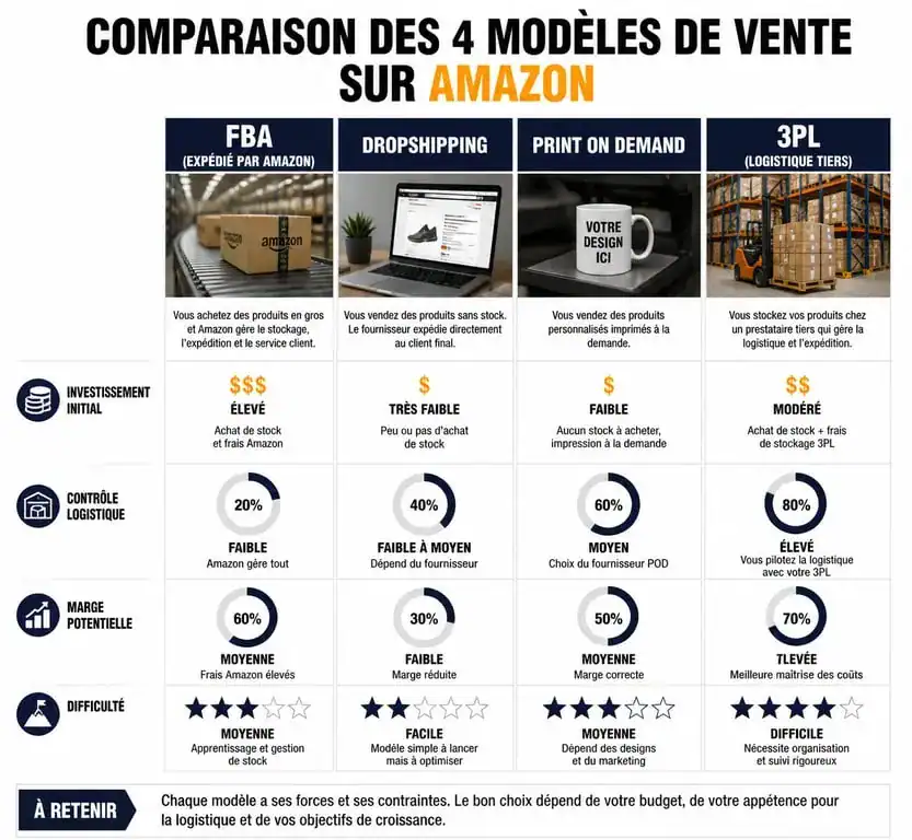 Infographie comparative des modèles de vente sur Amazon sans stock : FBA, Dropshipping, Print on Demand et 3PL