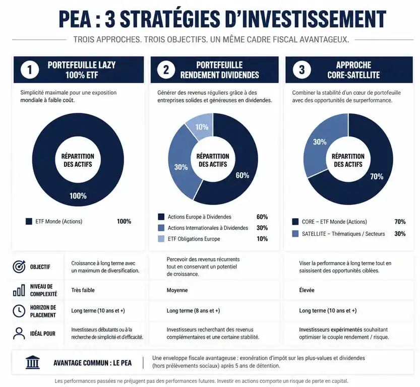 Comparatif des stratégies de portefeuille PEA : Lazy, Dividendes et Core-Satellite