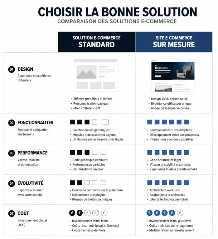 Infographie comparative entre site e-commerce sur mesure et solution standard pour le développement web.