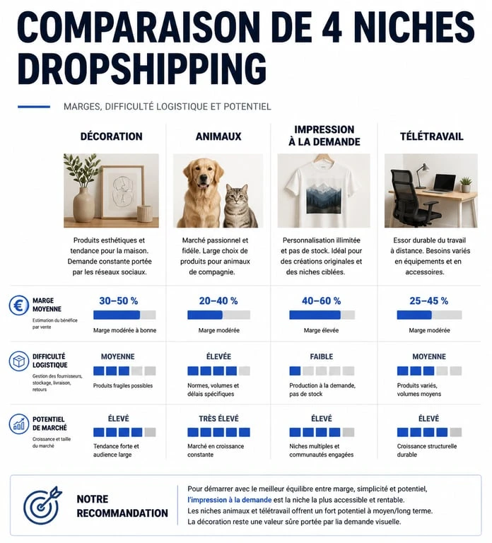Infographie comparative des niches rentables pour un exemple de dropshipping réussi