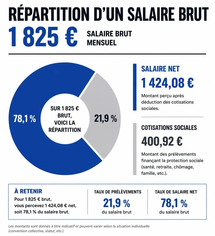 Répartition du salaire de 1825 brut en net : cotisations sociales et salaire net perçu