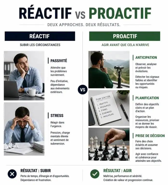 Infographie comparative : différence entre être proactif et réactif au travail