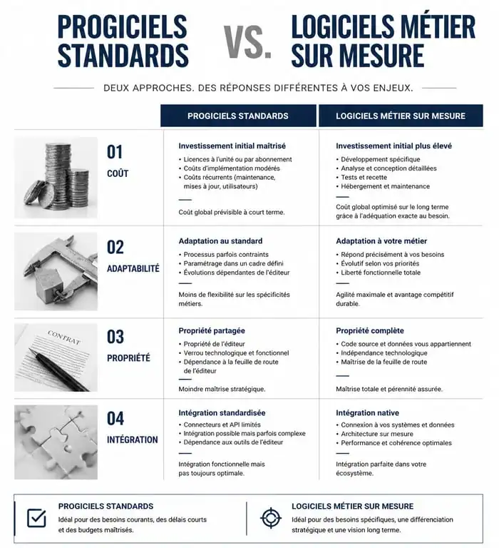 Comparatif entre progiciel standard et logiciel métier sur mesure pour entreprise