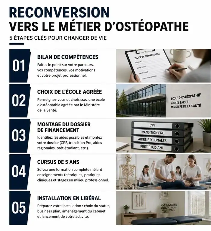 Infographie des étapes de la reconversion professionnelle vers le métier d'ostéopathe