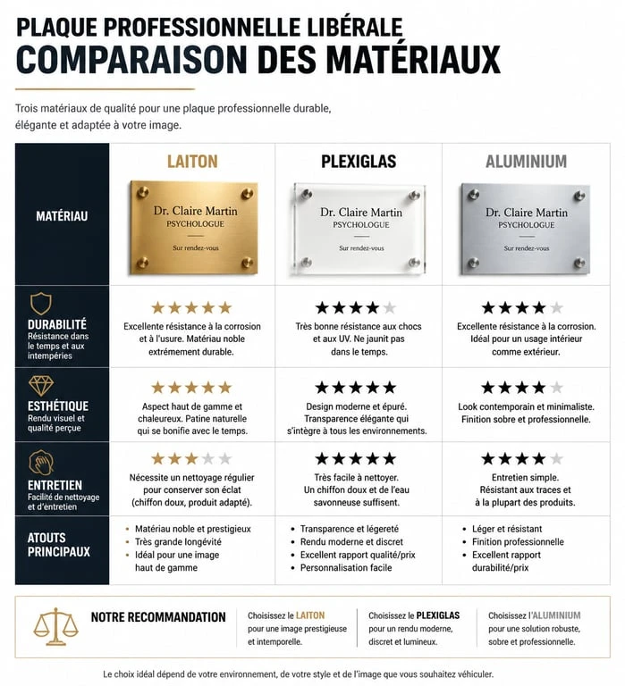 Comparatif des matériaux pour plaque de profession libérale : laiton, plexiglas et aluminium.