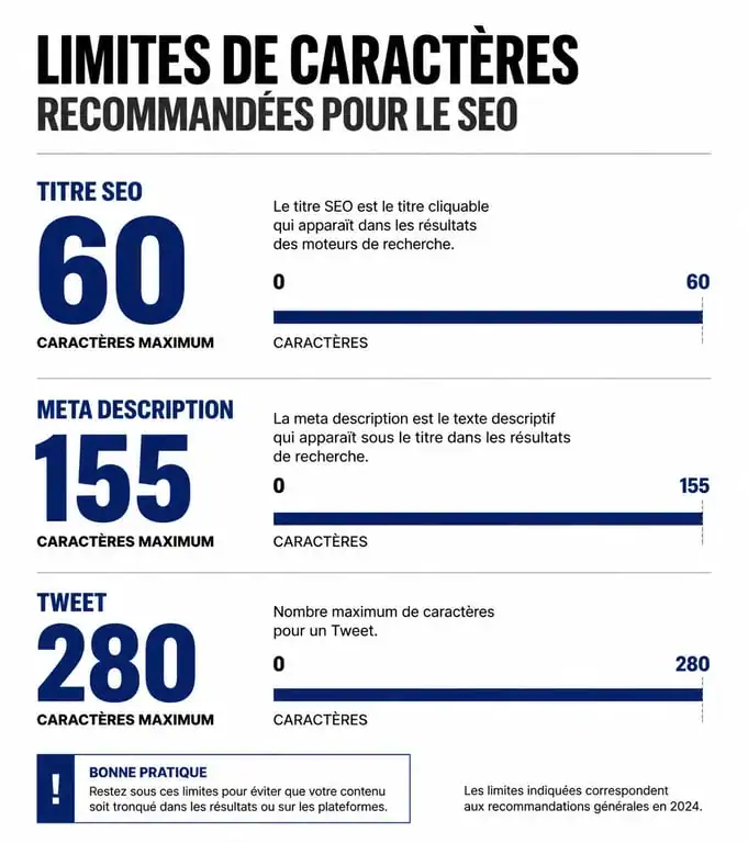 Infographie des limites de caractères recommandées pour le SEO et les réseaux sociaux