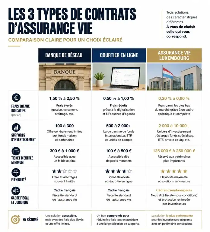 Infographie comparative des contrats d'assurance vie : banque, courtier en ligne et Luxembourg