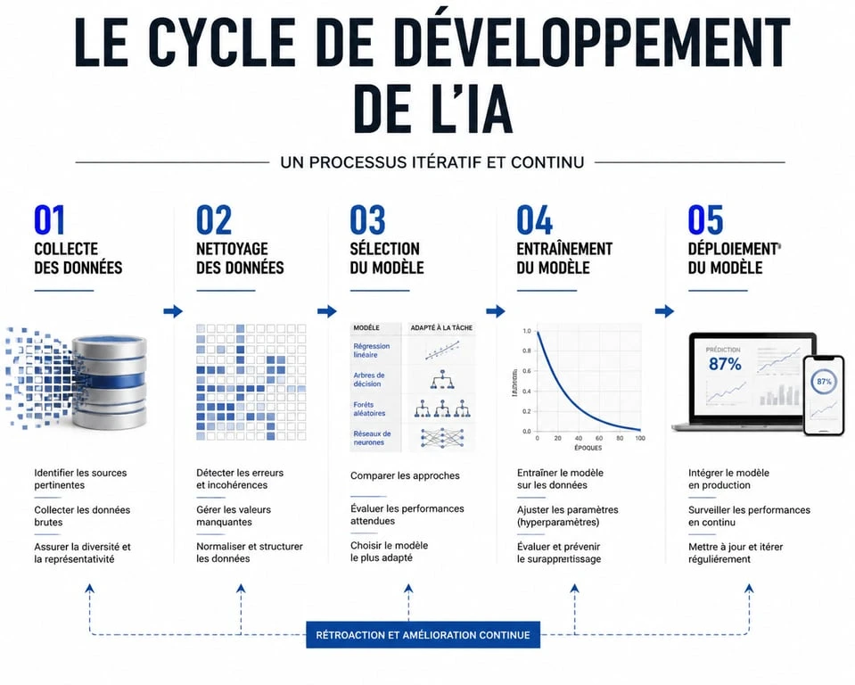 Schéma du cycle de vie pour créer une intelligence artificielle : de la collecte des données au déploiement du modèle