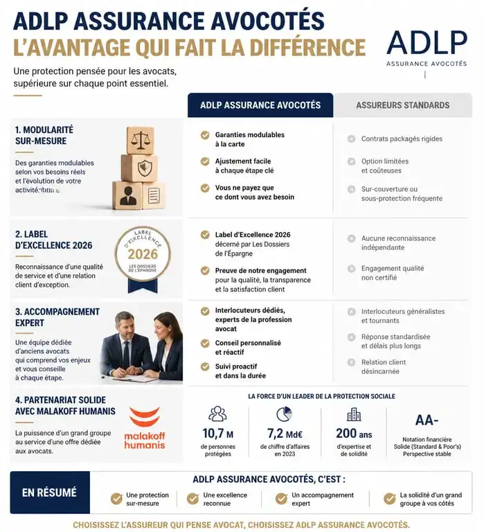 Infographie comparative des avantages de l'assurance ADLP AvoCotés
