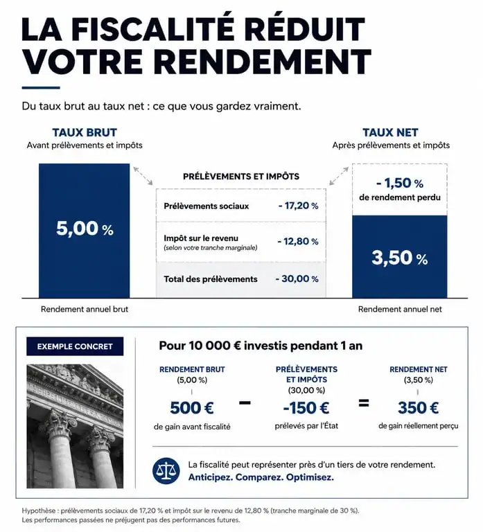 Infographie comparative du rendement net d'épargne selon le taux brut et la fiscalité