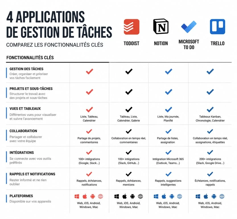 Infographie comparative des meilleures applications pour s'organiser et gérer ses tâches au quotidien