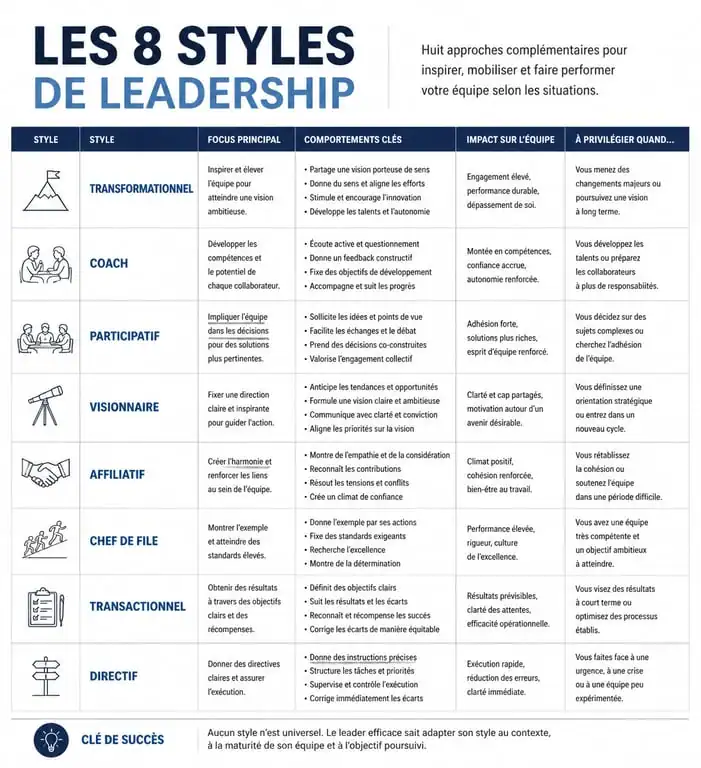 Infographie des 8 styles de leadership pour le développement professionnel