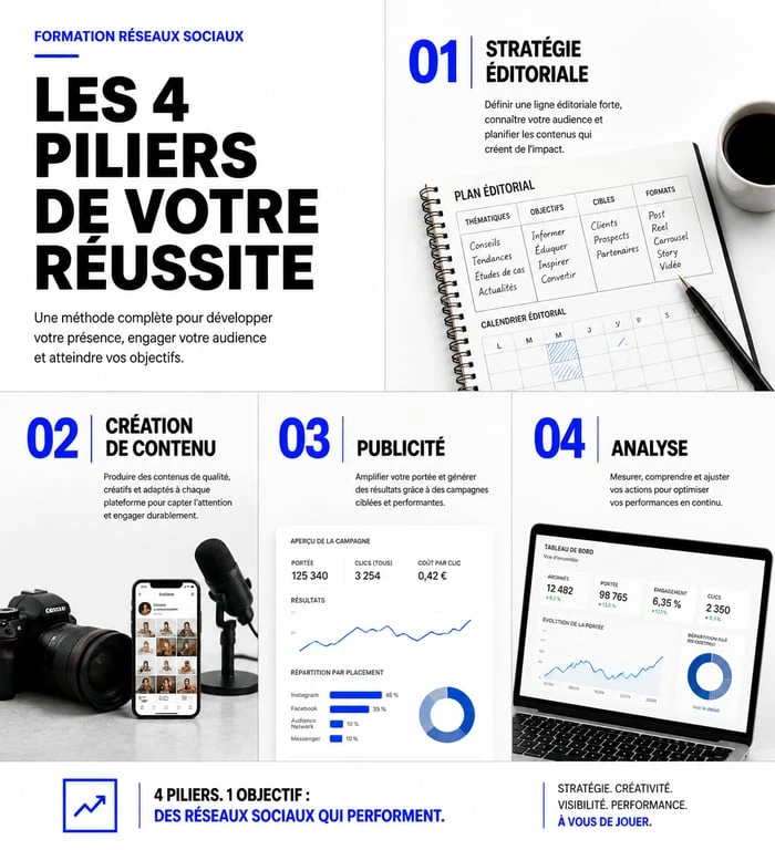 Infographie des piliers d'une formation réseaux sociaux éligible au CPF