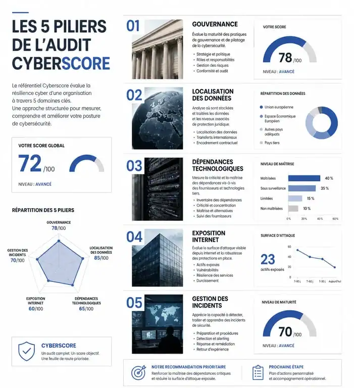 Infographie des 5 piliers de l'audit Cyberscore pour la sécurité numérique
