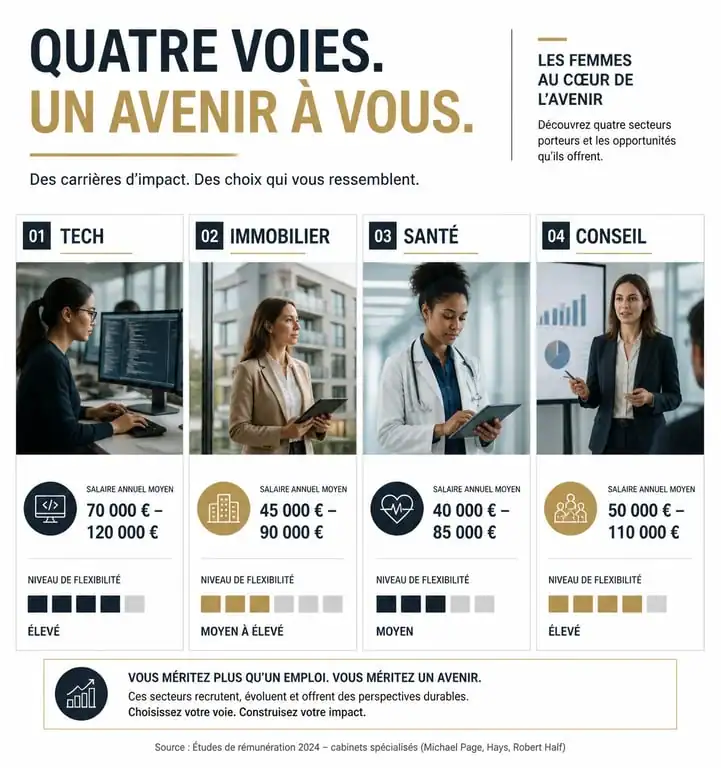 Infographie des secteurs professionnels porteurs pour une reconversion de carrière féminine
