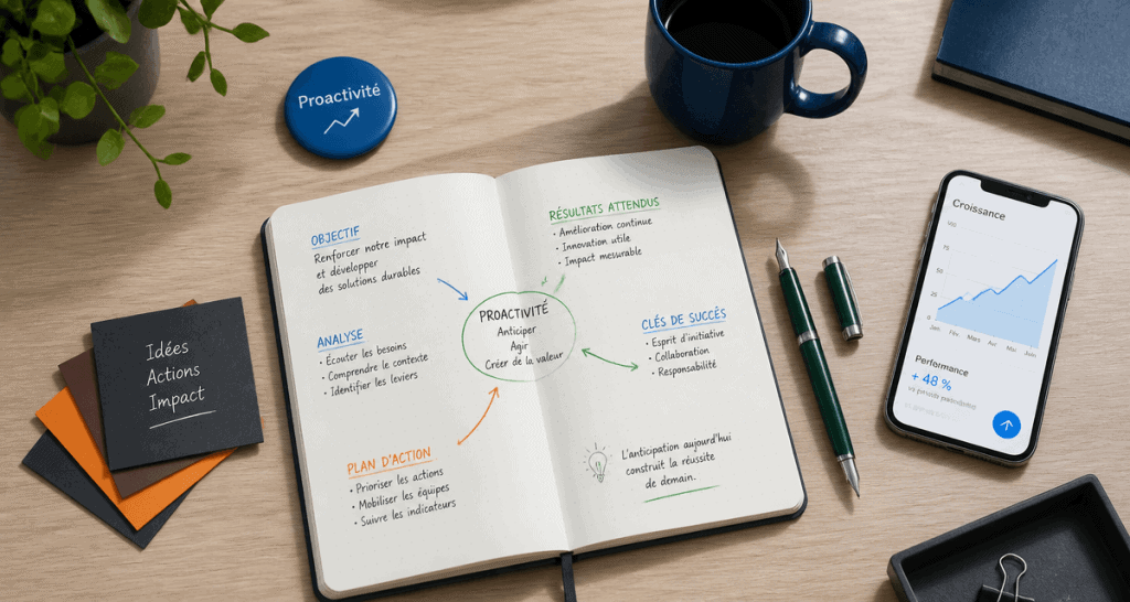 etre proactif bureau carnet smartphone