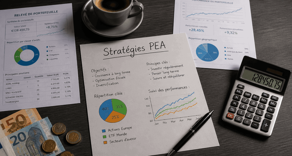exemple portefeuille pea avec documents financiers et graphiques
