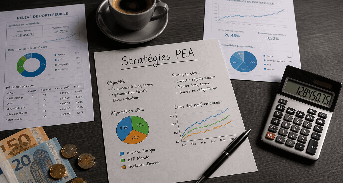 exemple portefeuille pea avec documents financiers et graphiques