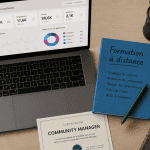 formation a distance community manager, bureau avec ordinateur, carnet et carte de certification