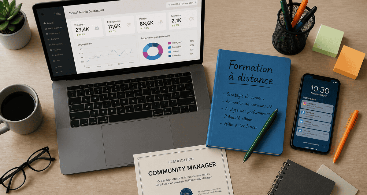 formation a distance community manager, bureau avec ordinateur, carnet et carte de certification