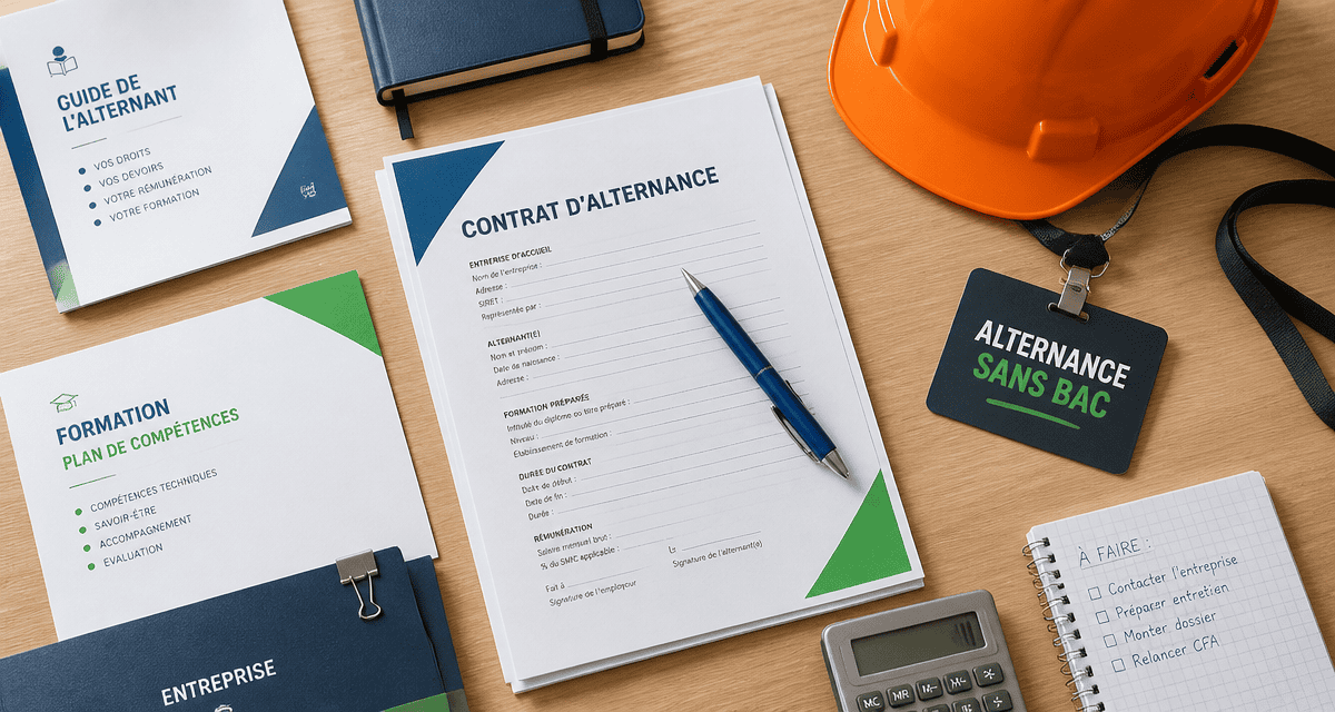 formation en alternance sans bac documents et casque de chantier