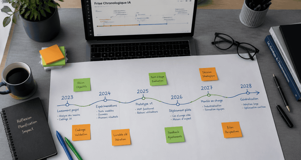 frise chronologique ia sur bureau moderne